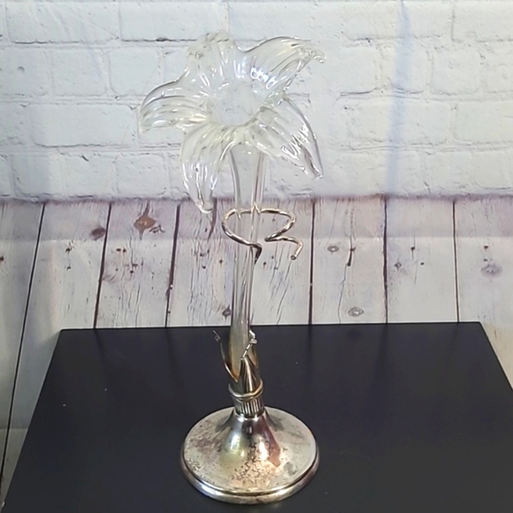 Vintage MCM Hand Blown Glass Art Nouveau Style Lily Orchid Vase Patina Silver - Picture 7 of 17